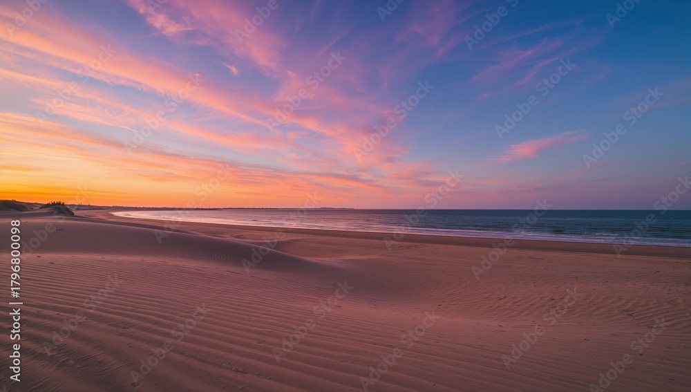 Obraz premium Seaside view featuring sand dunes and a vibrant sunset sky, highlighting seasonal change