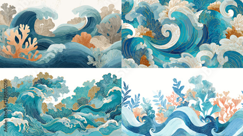 Dynamic watercolor ocean waves with coral and sea plants in teal and sand tones. Decorative coastal borders perfect for nautical invitations, patterns, and beach designs.