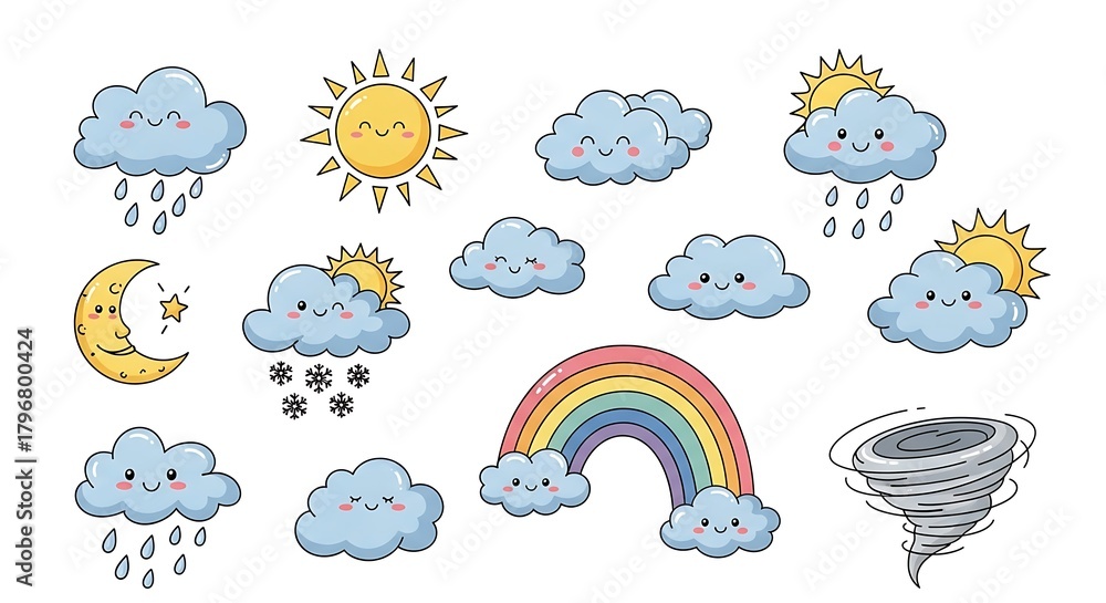 Obraz premium Cute Weather Icons Set with Smiling Faces and Elements.