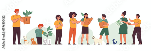 Diverse volunteers participating in charity fundraising donation and environmental care activities with plants and pets in flat minimalist style vector illustration