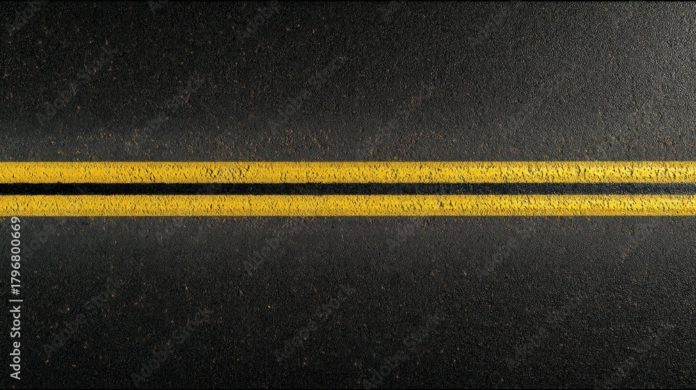 Fototapeta premium Asphalt road seen from above with two yellow lines, showing detailed texture and clear markings.