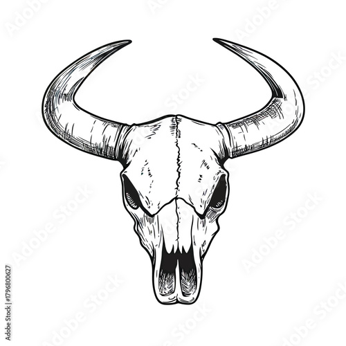 Hand drawn bull skull with large curved horns detailed black and white vector illustration western cowboy style icon isolated on white background