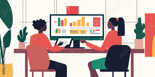 Two business women analyzing colorful data charts and graphs on desktop monitor in modern office workspace with plants and tablet device
