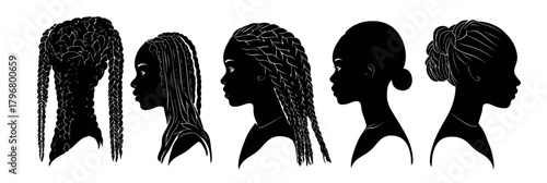 Silhouettes of diverse female hairstyles including braids, dreadlocks, cornrows, bun, and afro puff in minimalist flat vector style with profile views