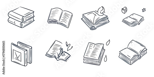 Hand drawn doodle style stack and open books icons set with flying pages simple line art sketch for education library reading concept vector illustration