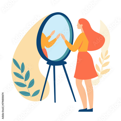 Woman with red hair in orange outfit touching reflection in round freestanding mirror flat minimalist vector illustration with decorative plant elements background