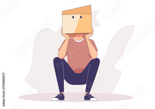 Depressed person sitting squatting covering face with box hiding emotions concealment sadness failure anxiety concept flat vector illustration