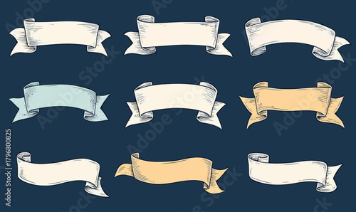 Set vintage blank ribbons banners hand drawn vector collection decorative labels with curled edges in cream blue and yellow colors on dark background
