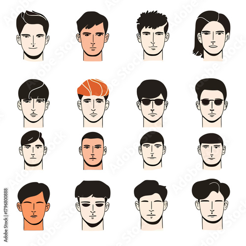 Flat minimalist vector illustration of diverse male faces with various hairstyles and haircuts featuring different skin tones and facial styles in modern design