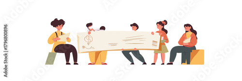 People holding oversized blank check financial concept group teamwork payment transaction business cartoon flat vector illustration