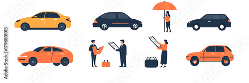 Flat minimalist vector illustration set of diverse people reviewing car documents, various passenger cars and person holding umbrella for auto insurance concept and vehicle protection ideas