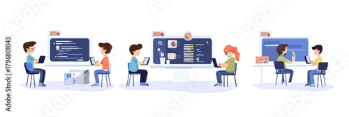 People working together on software development and mobile app programming using laptops and large monitors in modern flat vector style