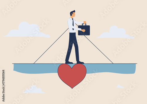 Businessman balancing on beam supported by heart holding briefcase symbolizing work life balance health and career stress management concept flat vector illustration