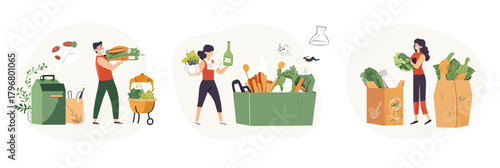 People sorting organic waste food scraps and groceries into compost bins and eco friendly reusable bags for sustainable living and environmental care concept vector illustration