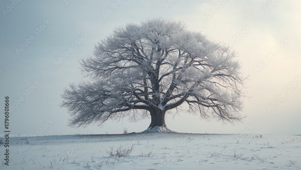 Fototapeta premium Winter landscape featuring a large oak tree amidst snow-laden branches, highlighting seasonal change