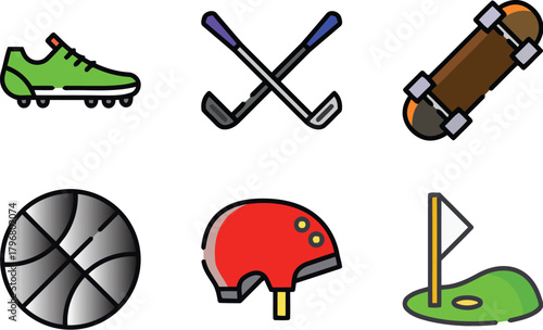 Sports equipment icons, including golf and basketball