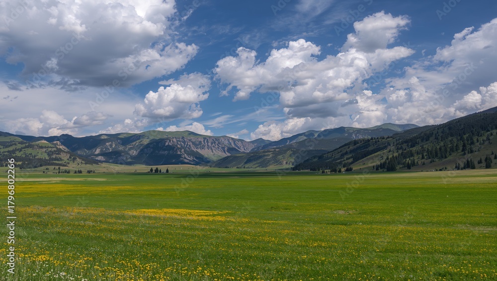 Fototapeta premium Scenic spring mountain valley featuring lush green pastures and surrounding peaks, seasonal change