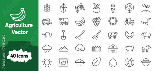 40 Agriculture Line Icons Farming, Crops, Tools, and Animals