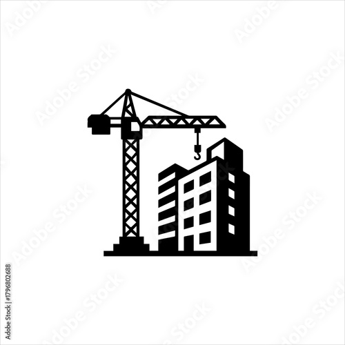 Minimalist vector icon of a construction site featuring a towering crane next to a building, symbolizing urban development, industrial progress, and architectural engineering