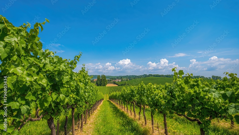 Fototapeta premium Vibrant vineyard landscape in summer, showcasing healthy grape cultivation