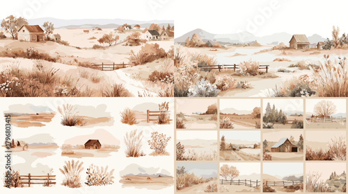 Sepia watercolor countryside landscapes with barns, fences, grasses, and rolling hills. Modular rural scenes for wall art, invitations, scrapbooking, and rustic branding.