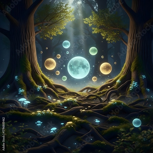 Enchanted Forest with Glowing Magical Orbs Floating Above Ancient Tree Roots