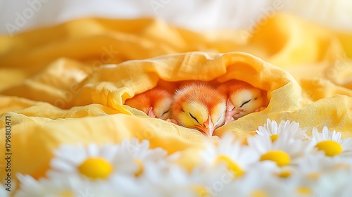 Cute baby chicks resting on warm yellow tone with white daisy blossoms around