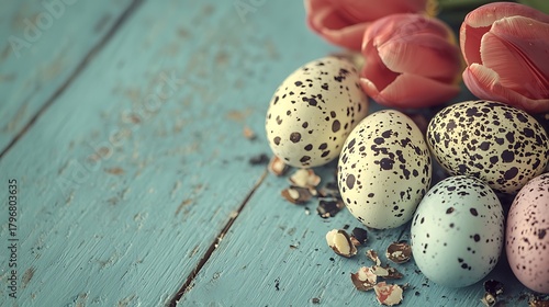 Delicate neutral tone with tulip fragments and softly lit pastel eggs on table surface