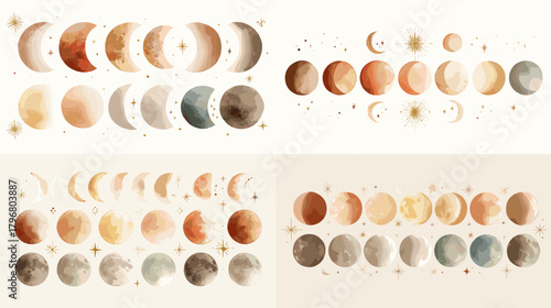 Watercolor moon phase cycles in earthy neutrals with stars and subtle textures. Elegant celestial set for calendars, posters, branding, witchy themes, and minimalist design.