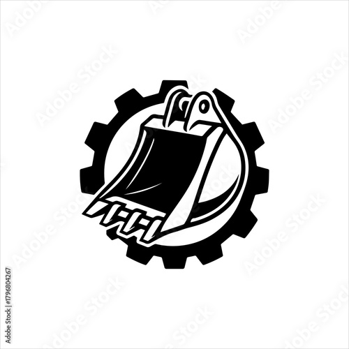 Sleek vector illustration showcasing a heavy-duty excavator bucket merged with a mechanical gear, symbolizing industrial strength, construction engineering, and efficient earthmoving power