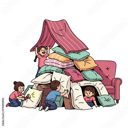 Playful family piles cushions on couch during cozy living room mess.