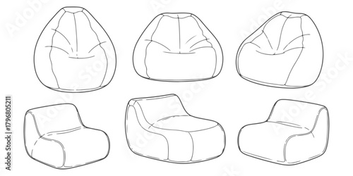 CAD Drawings. Top view of set of bean bags and soft lounge seating. Vector illustration.