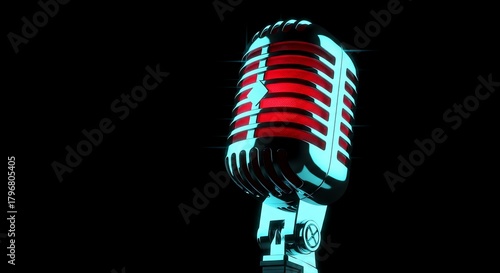 A vintage-style microphone with a red interior and a shiny, set against a stark black background. 