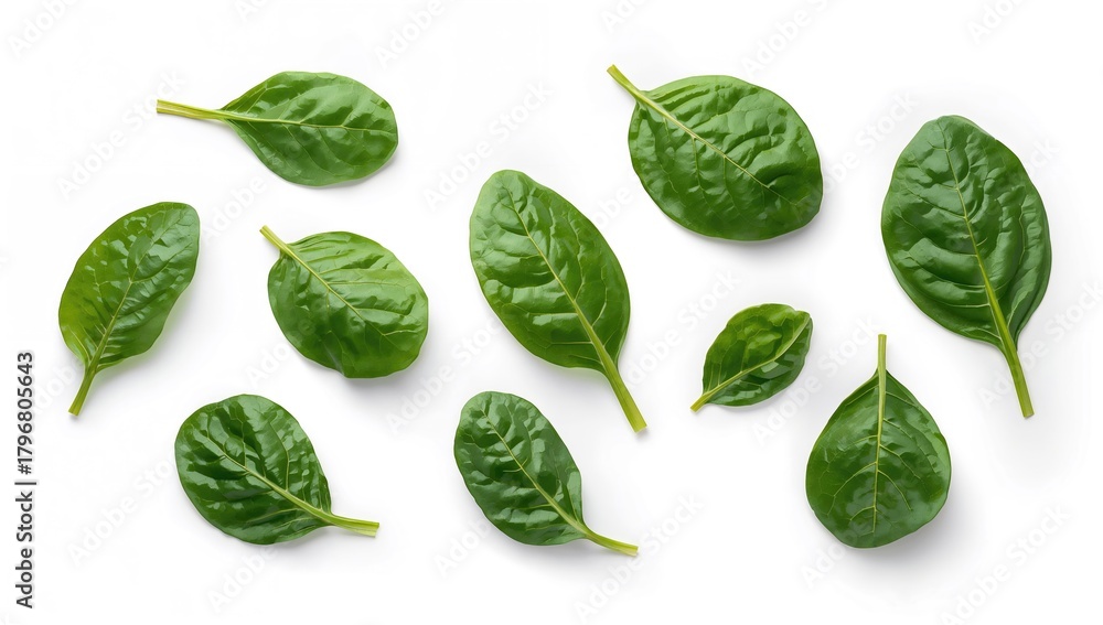 Fototapeta premium Isolated spinach leaves on a white backdrop, nutrient-rich choice