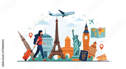 Girl Female Women Traveler Tourist Trip Tour Vector – Adventure Trip Illustration with Backpack, Suitcase, and World Landmarks