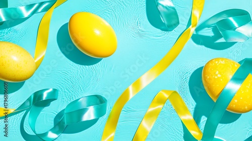 Subtle light scattering across ribbons and eggs giving elegant spring atmosphere