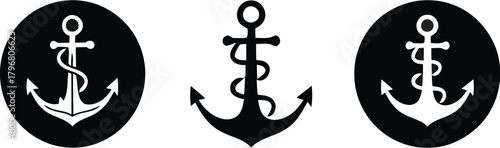 Set of nautical anchor symbols in black and white illustration