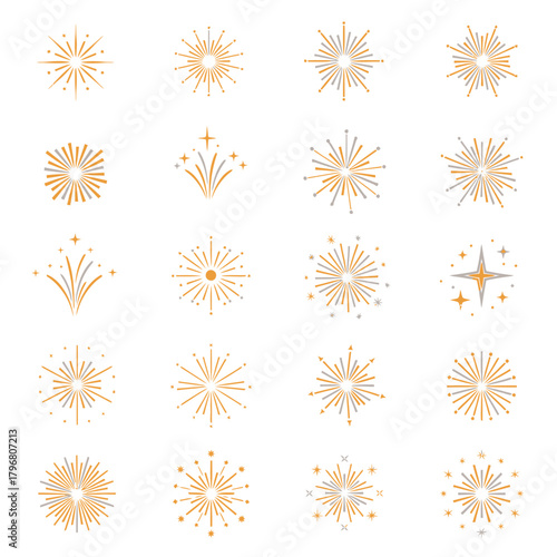 A grid of 20 golden sunburst and starburst graphic elements with various ray patterns, some including small stars, on a white background, suitable for design projects.