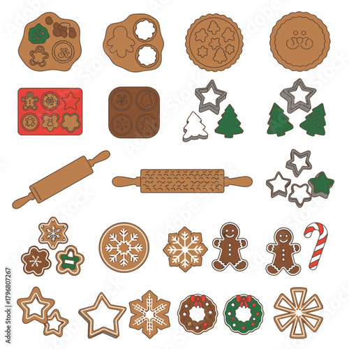 A collection of various cookie cutters, baking molds, rolling pins, and decorated holiday cookies for festive baking.