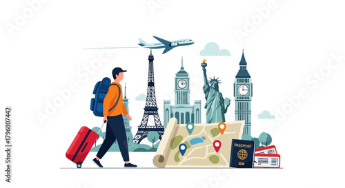 Traveler male Tourist Trip Tour Vector – Adventure Trip Illustration with Backpack, Suitcase, and World Landmarks