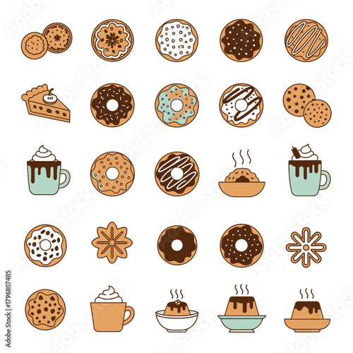 A collection of various dessert and hot drink icons including donuts, cookies, pie, hot chocolate, and puddings, in a flat design style.