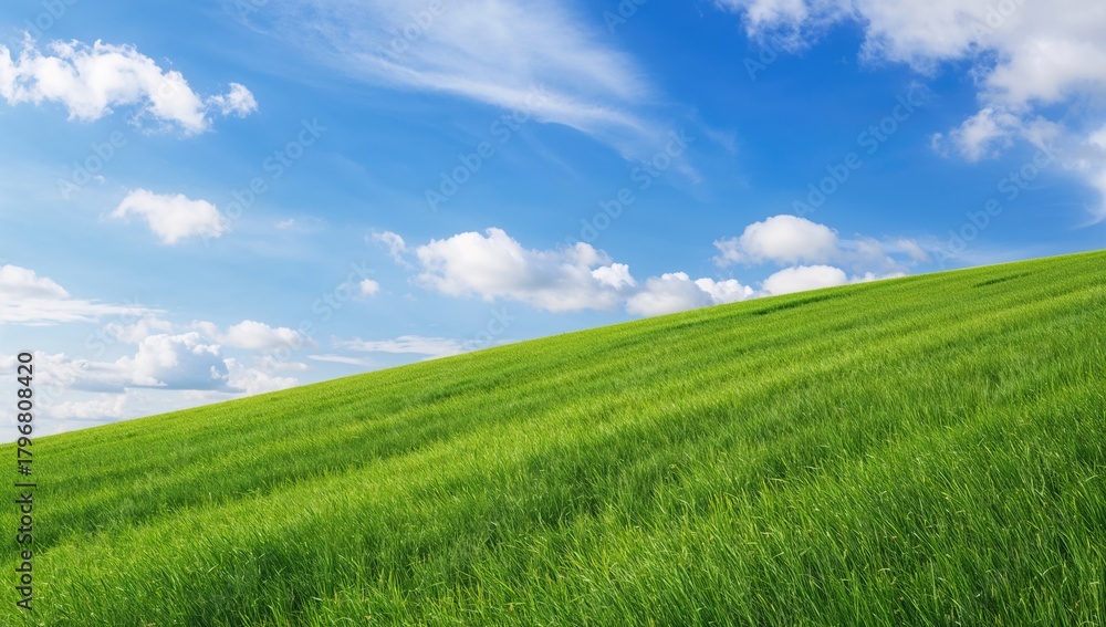 Obraz premium Landscape view featuring lush green grass on a hillside, with a backdrop of blue sky and fluffy clouds, seasonal change