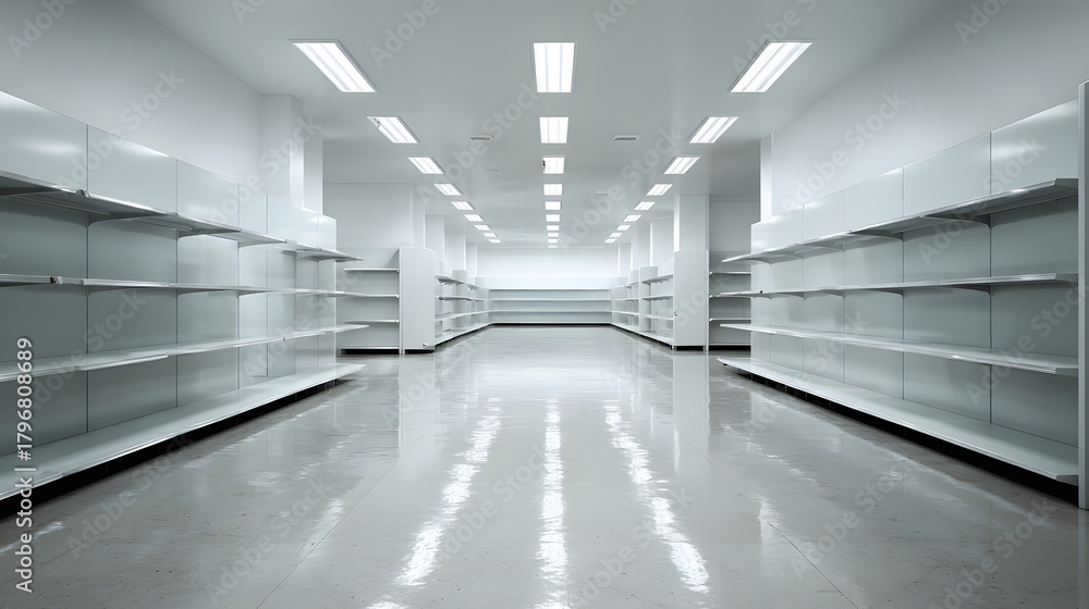 Obraz premium Retail hall with empty shelves, wide aisle, minimalist commercial design
