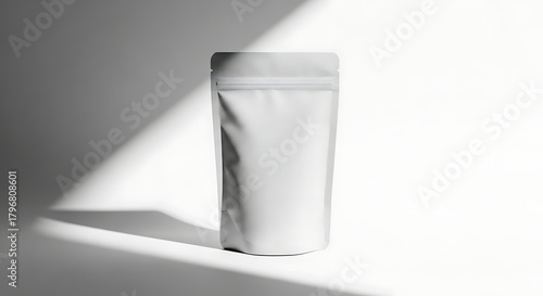 Minimalist Blank White Stand-Up Pouch Mockup with Dramatic Shadows for Product Branding