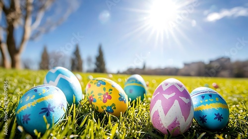 Clear blue sky above green meadow scattered with colorful Easter eggs under bright daylight