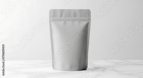 Blank Matte Grey Stand-Up Pouch Mockup on White Marble Surface with Copy Space