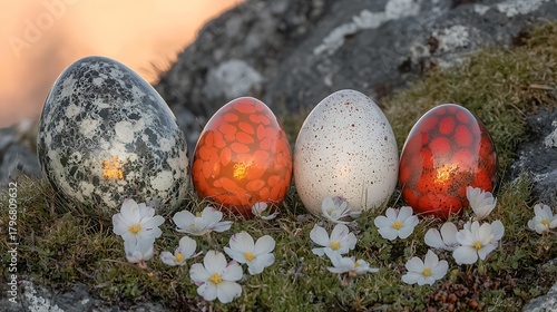 Close-up of multicolored eggs lying on grass with flowers reflecting gentle morning light