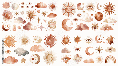 Boho celestial clipart with suns, moons, stars, clouds, and eyes in warm sepia watercolor. Magical cosmic symbols perfect for tarot themes, posters, and branding.