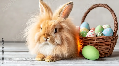 Cute bunny resting near Easter basket illuminated by gentle warm light