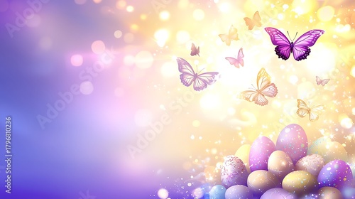 Vibrant pastel gradient with flying butterflies above Easter decorations in airy spring tone